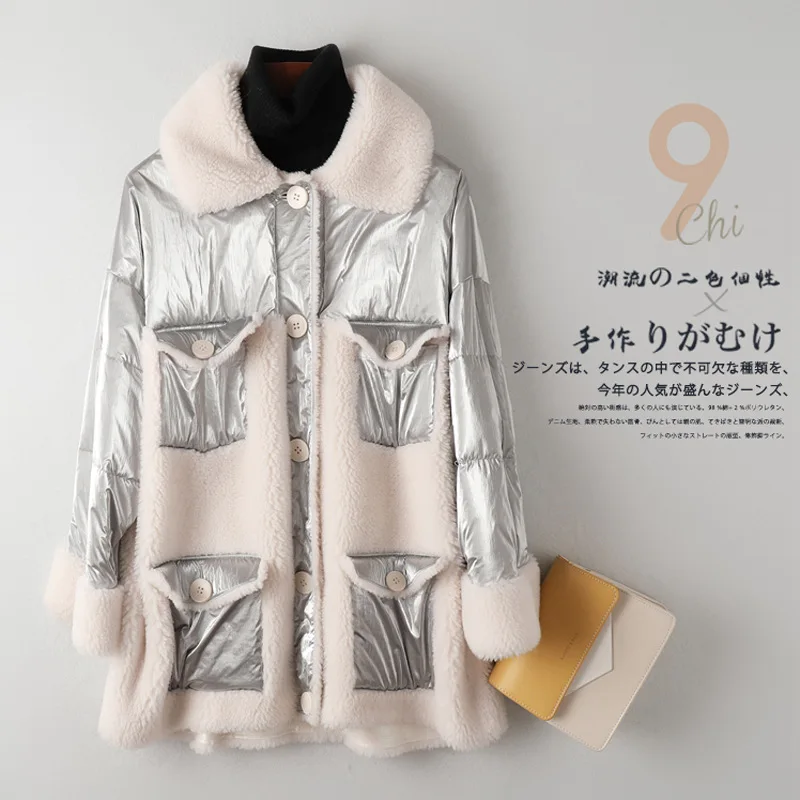 Уличный женский пуховик из натуральной овечьей кожи, Дизайнерская верхняя одежда с карманами, женское меховое пальто средней длины - Цвет: silver