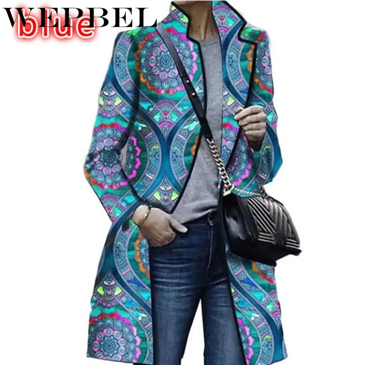 

WEPBEL Autumn and Winter Printed Cardigan Long Coat Women's Casual Long Sleeve Turn-down Collar Trench