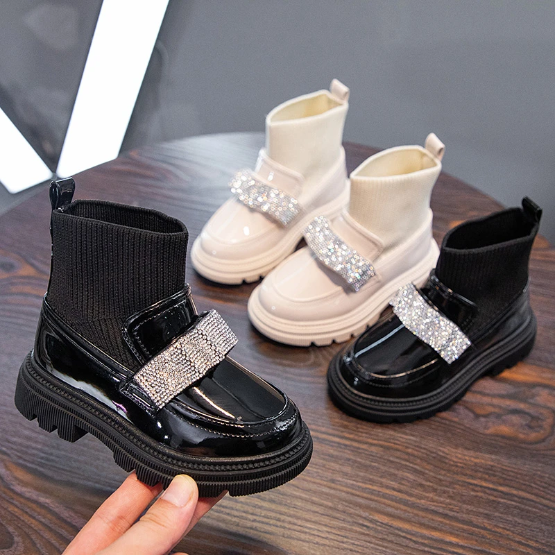 New Girls Boots 2021 Autumn Winter Children Fashion Elegant Pu Leather Rhinestones Slip-on Soft Rubber Shoes Kids Girl Bootie