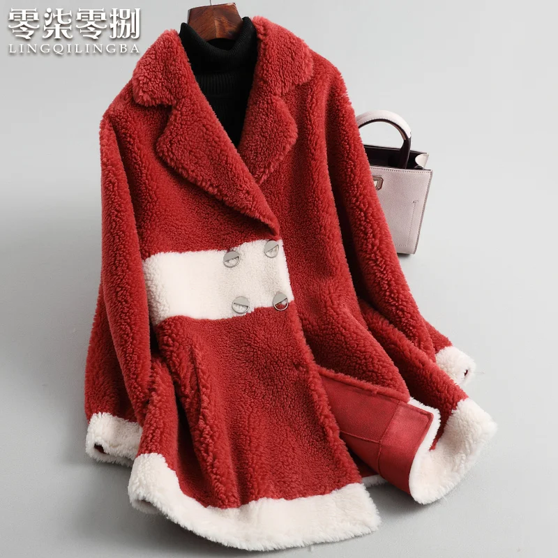 Red Куртка для стрижки овец, Женская Осенняя зимняя шуба из натурального меха, Женская Корейская одежда, винтажные шерстяные куртки, меховые Топы Hiver 019H - Цвет: Red
