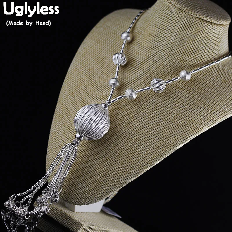 

Uglyless Silver Minimalist Balls Tassels Necklaces Women Long Chains Sweater Necklaces Real 925 Silver Ethnic Fine Jewelry C142