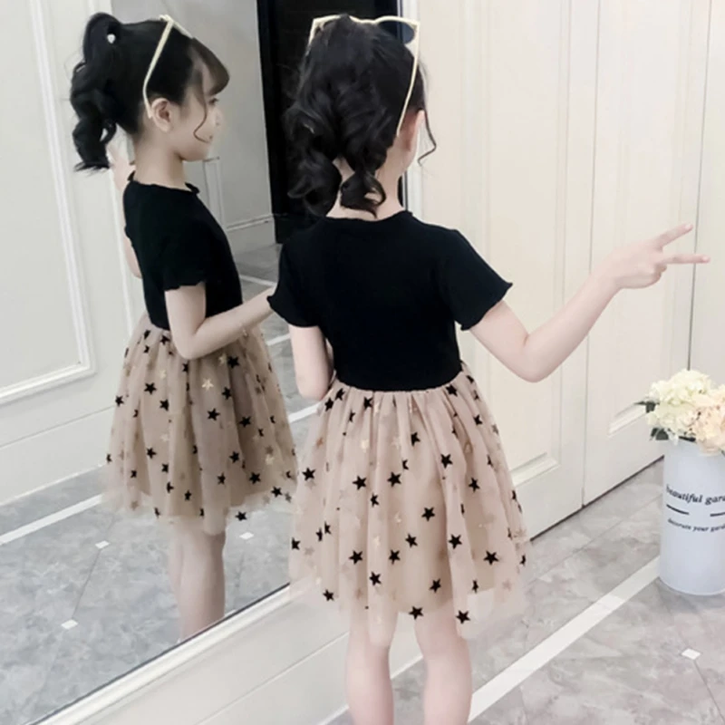 Детское платье; хлопковые летние сетчатые платья в стиле пэчворк с короткими рукавами и принтом со звездой для девочек