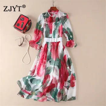 

Runway Dress Women Spring 2020 New Fashion Flare Sleeves Ruffle Beading Neck Floral Print Mid Calf Sweet Party Chiffon Dresses