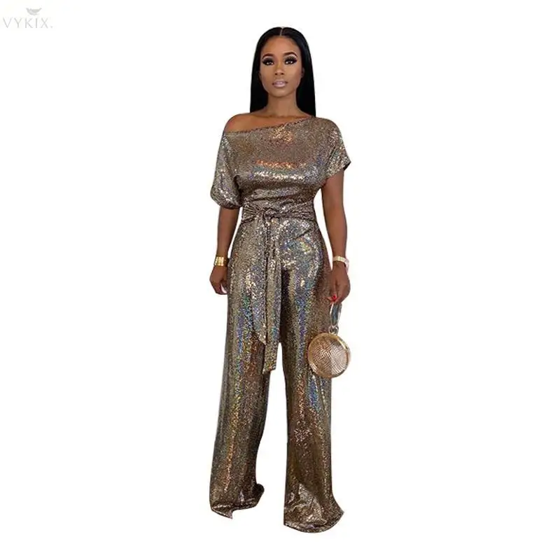 

Spring Lace Up Sexy Jumpsuit Women Skew Collar Short Sleeve Sequined Women Romper Night Party One Piece Jumpsuit Women Outfits