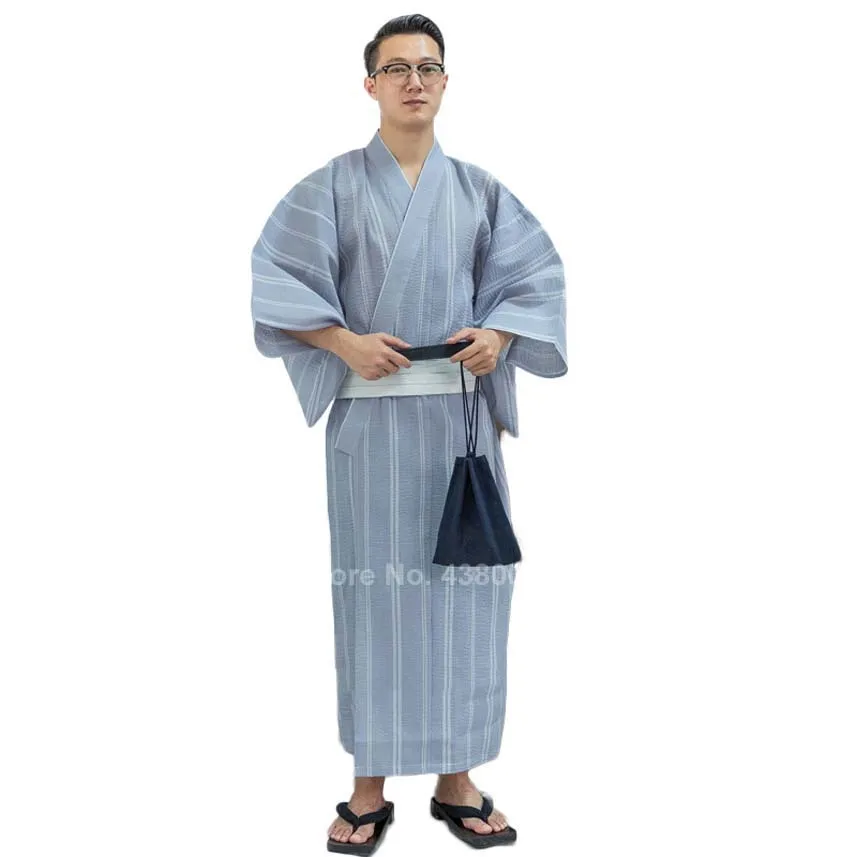 Men Asian Traditional Japanese Costumes New Year Kimono Jinbei Sleepwear Spa Sauna Thin Cotton Yukata Long Bath Robe Gown