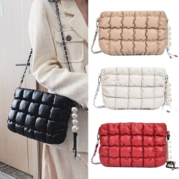 

Fashion Pearl Women Messenger Bags Shoulder Bag Ladies Crossbody Bags For Women 2019 Winter New Chains Flap Cotton Clothing Bag