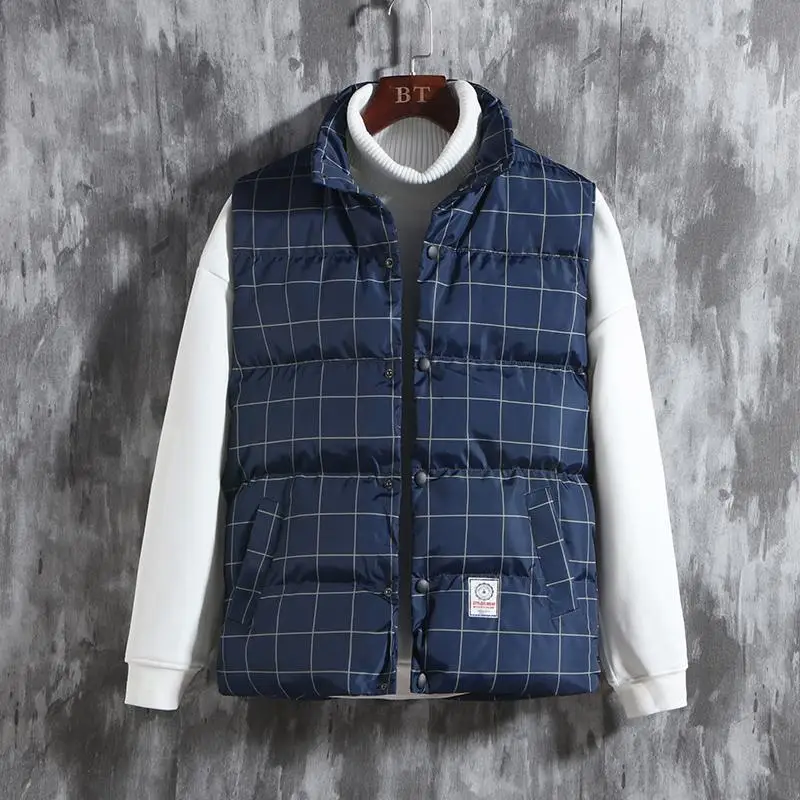 Мужской жилет, зимний Повседневный жилет без рукавов, клетчатый полосатый жилет, ветрозащитный Теплый жилет, мужская одежда размера плюс 5XL 4XL - Цвет: Blue Plaid Vest Men
