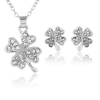 

QiLeSen Fine jewelry 925 sterling silver suitable for ladies wedding four-leaf clover silver suit necklace earrings set yw032