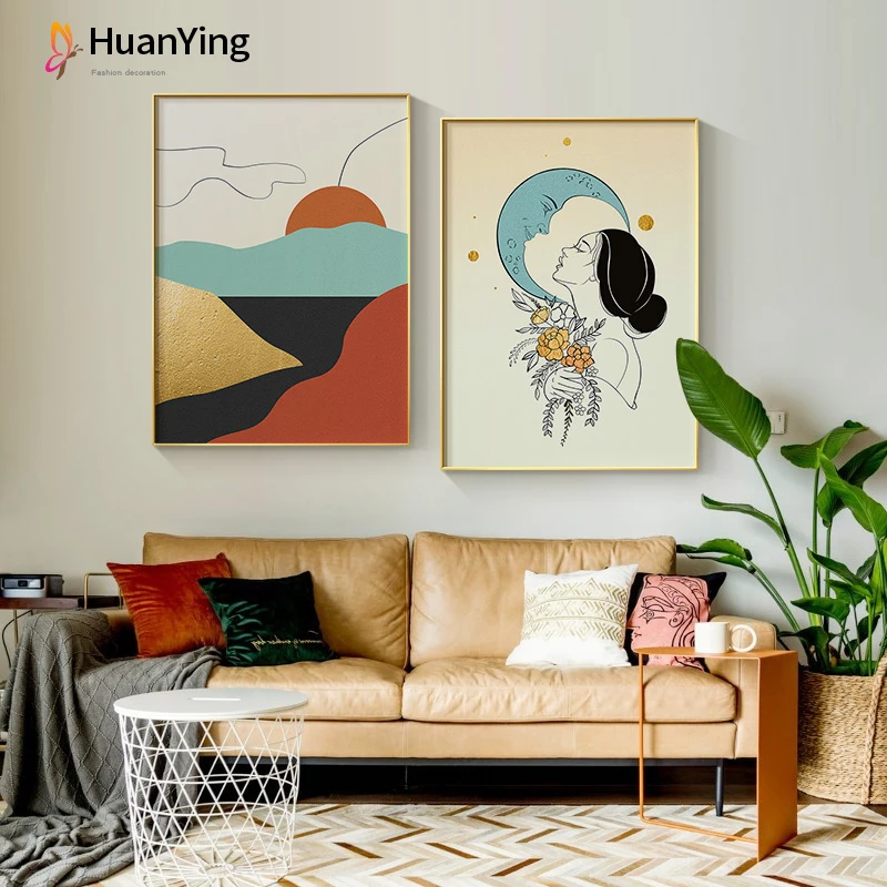 

Landscape Canvas Painting Sunrise Scene and Girl Poster Print Nordic Wall Art Picture for Living Room Bedroom Modern Home Decor