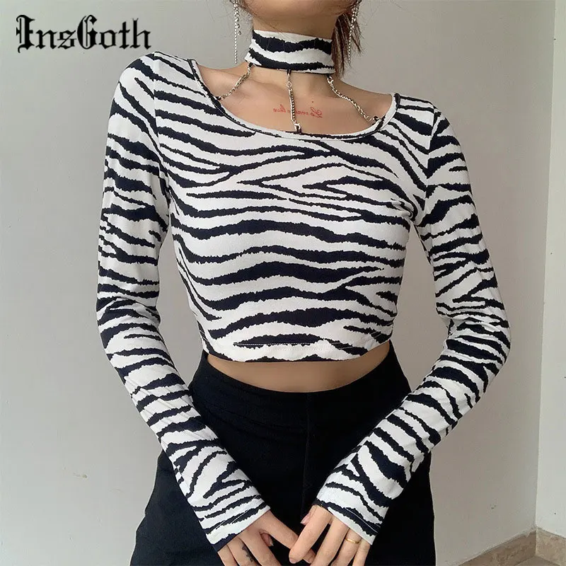 

InsGoth Punk Sexy Hollow Out Black Halter Tops Streetwear Chain Patchwork Zebra Print Crop Tops Women Harajuku Gothic Basic Tops