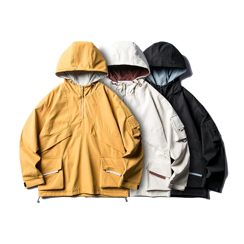 

City Where the Product 2020 Spring Solid Color Hooded Semi-Zipper Pullover Coat Men's Multi-pockets Popular Brand Jacket