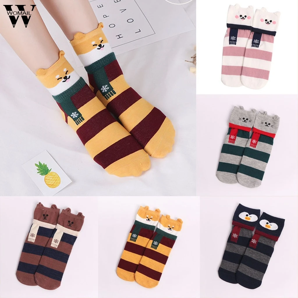 Женские носки, женские вязаные носки-тапочки в полоску с мультяшными животными, толстые теплые носки из плотного полиэстера