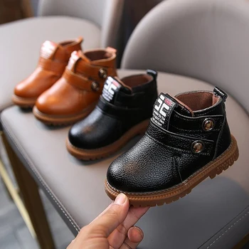 

Boys Girls Fashion Boots PU Leather Brand Boy Kids Rubber Boots Hook Loop Neri Plus Cashmere Snow Boots