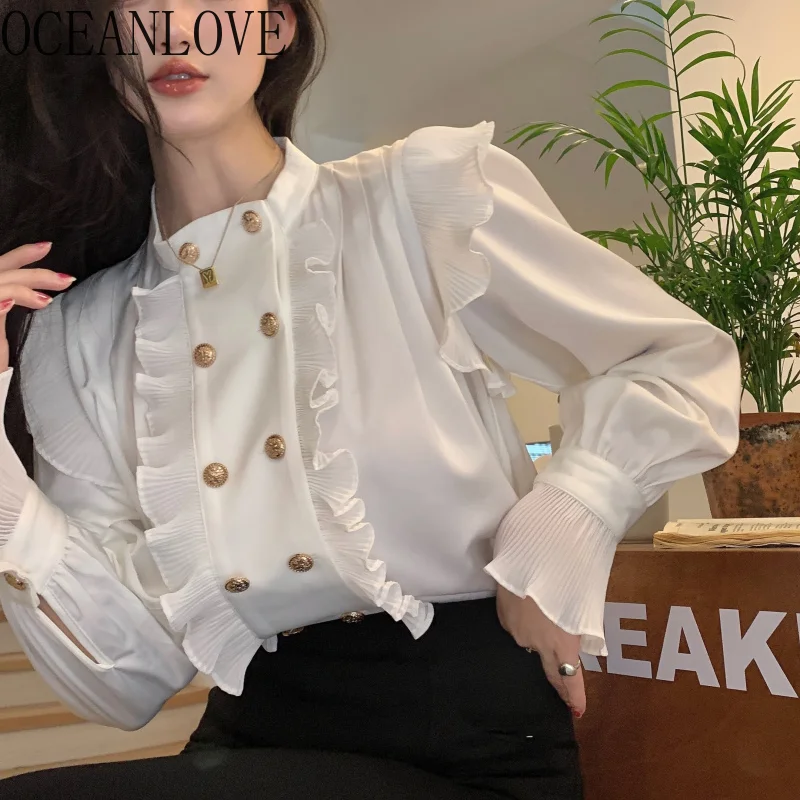OCEANLOVE Temperament Womens Tops Stand Double Breasted Vintage Shirts Loose Ruffles Sweet Blouses Korean White Blusas De Mujer | Женская