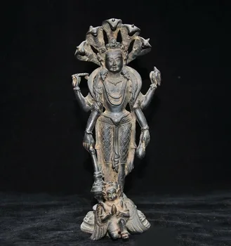 

wedding decoration Tibet Bronze 5-Heads Snake Naga Kanya Buddha protection Goddess kwan-yin Statue