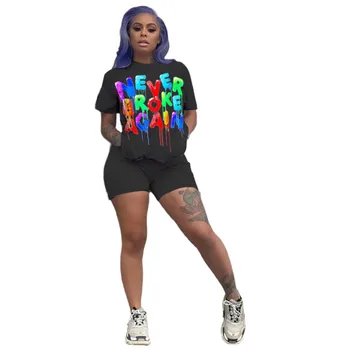 

2020 new summer fashion hip hop style short sleeve round neck top elastic short pants printed 2 color two piece sets