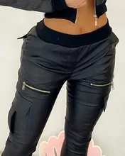 

Pu Leather Zipper Pocket Design Skinny Pants Women Summer 2021 New Fashion
