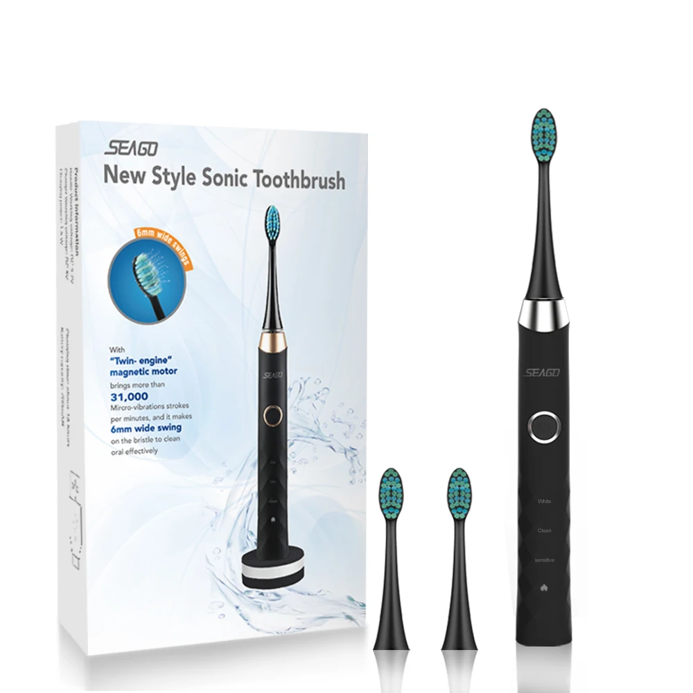 SEAGO Electric Toothbrush Rechargeable USB Sonic Tooth Brush 3 Modes Waterproof IPX 7 Clean Whiten Teeth with 3 Brush Head SG987