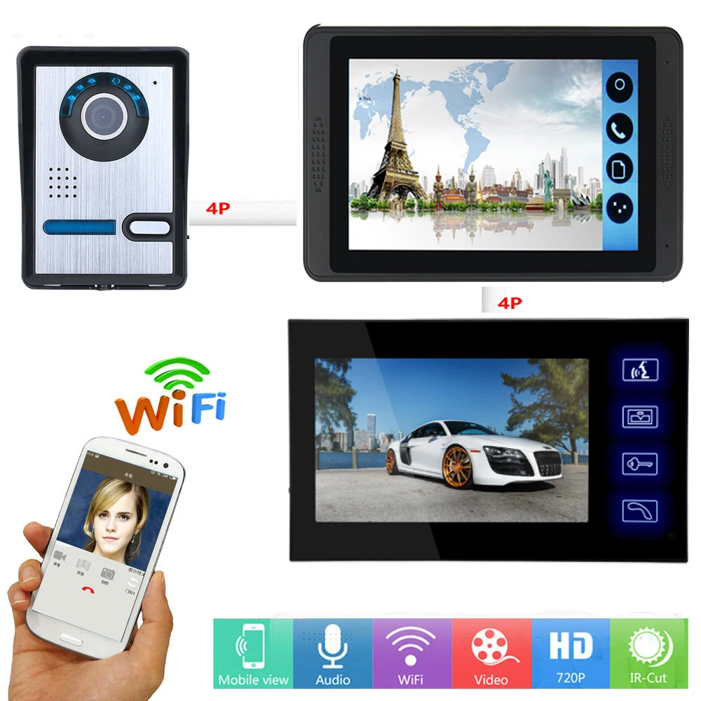 

APP Remote Control 7 Inch Touch Monitor Wifi Wireless Smart IP Video Door Phone Doorbell Visual Video Unlock Intercom System
