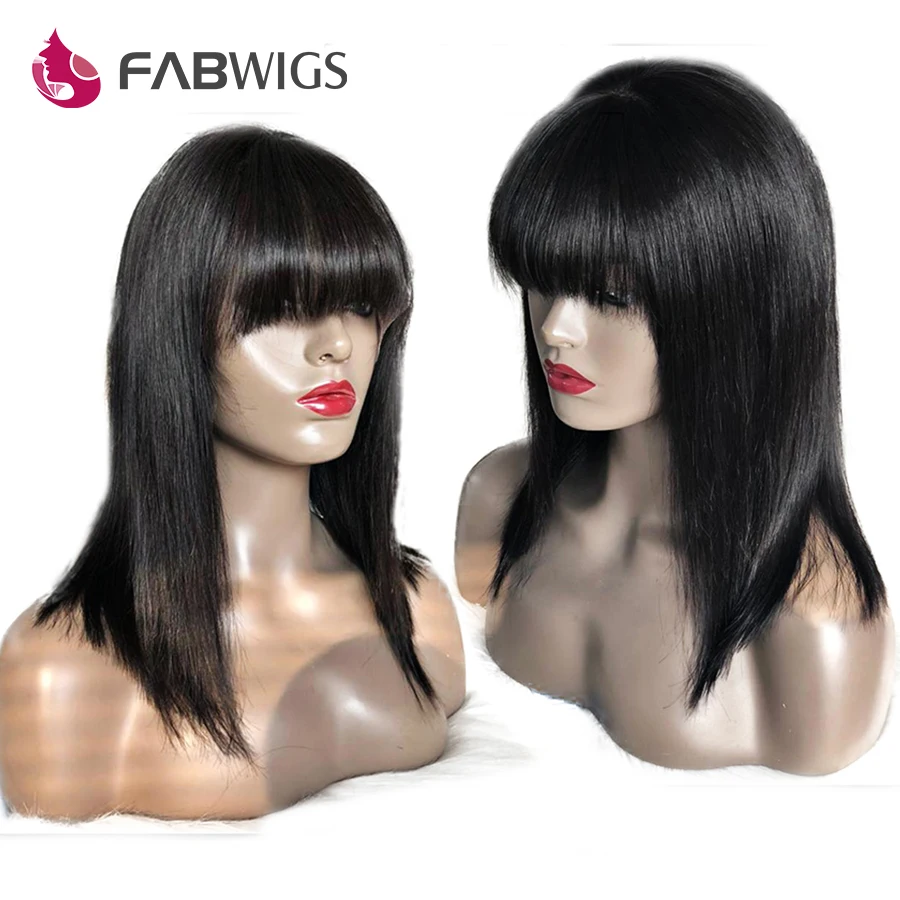 Cena Fabwigs Bang przejrzyste koronki peruka BOB 13x6 koronki przodu peruki z grzywką peruka z naturalnych krótkich włosów wstępnie oskubane skóry stopić koronkowa peruka na przód