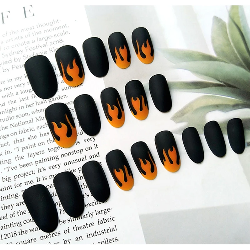 Nusx 24pcs Punk Fire Fake Nails Matte False Nails Dark Black Pre design Short Round Head 2