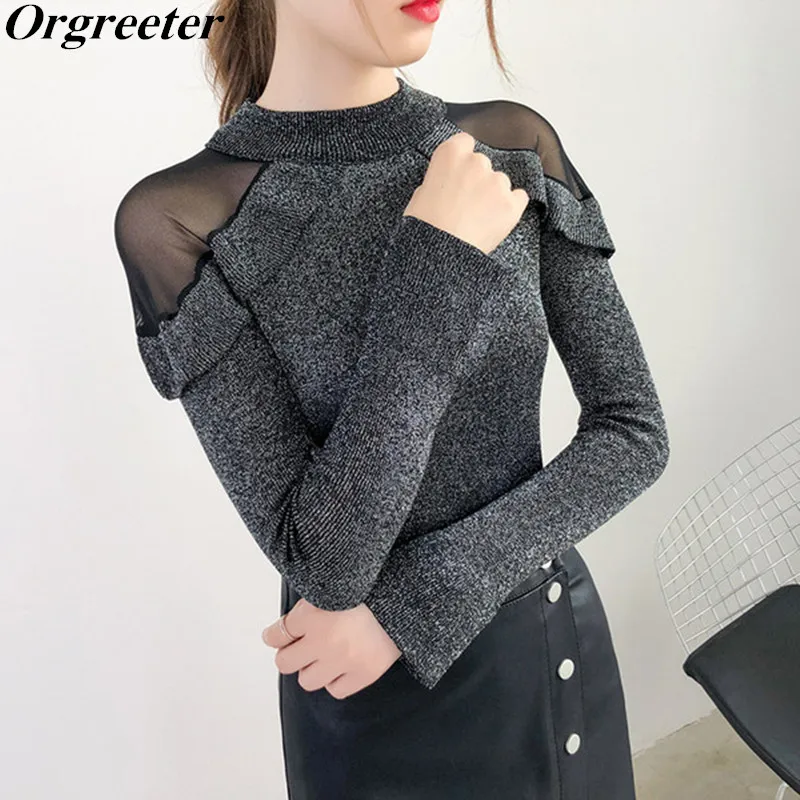

Autumn Womens Sexy Mesh Patchwork Off shoulder Knitted Pullover Tops Flare Sleeve Shiny Bright silk Bottoming Sweater Winter New