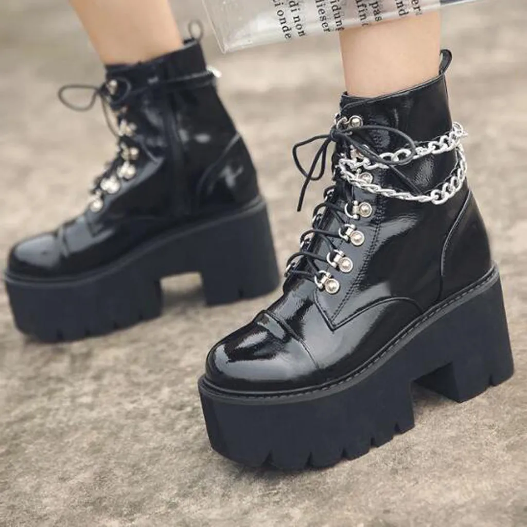 Women's Boots Quality Patent Leather Platform Botas Ladies Chain Ankle ...