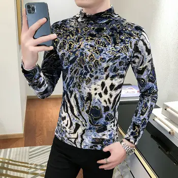 

Royal T Shirt Men Long-sleeved Slim Fit Men T Shirt Club Outfits Turtleneck Leopard Printed Tee Streetwear Luxury T Shirt Men