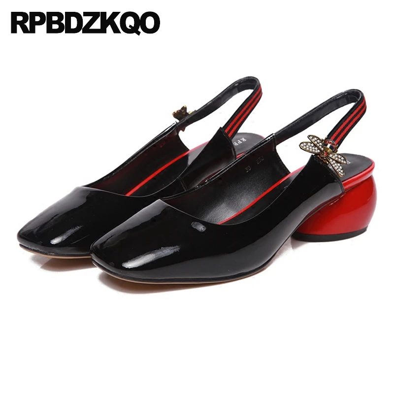 

block bee square toe diamond chic leather pumps low heels summer rhinestone patent thick shoes women slingback black strap blue