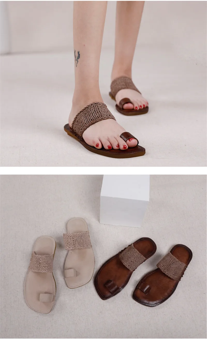 Original Summer 2020 New Clip Toe Flat Slippers Shoes Woman Vintage  Genuine Leather Slides Hand-Woven Ladies Flip Flops Sandals (14)