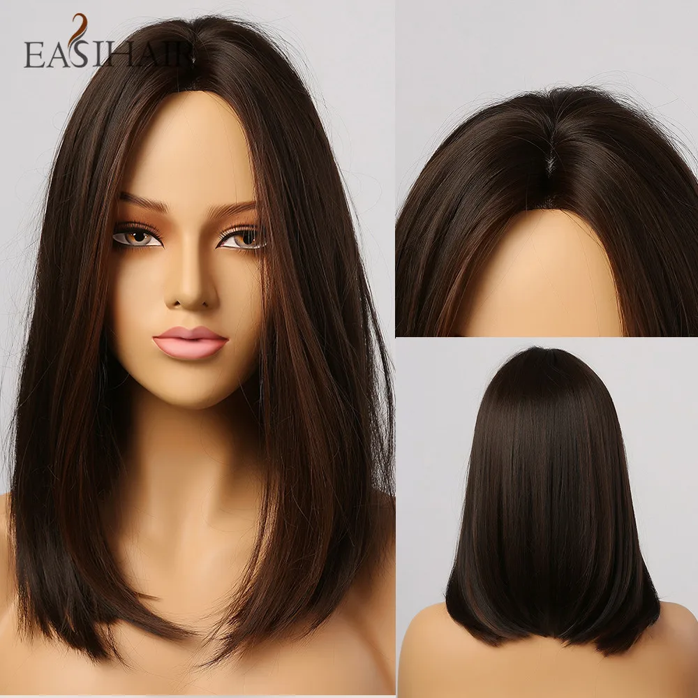 

EASIHAIR Dark Brown Wigs for Women Hairline Part Lace Wigs Synthetic Hair Wig Natural Straight Heat Resistant Wigs Medium Length