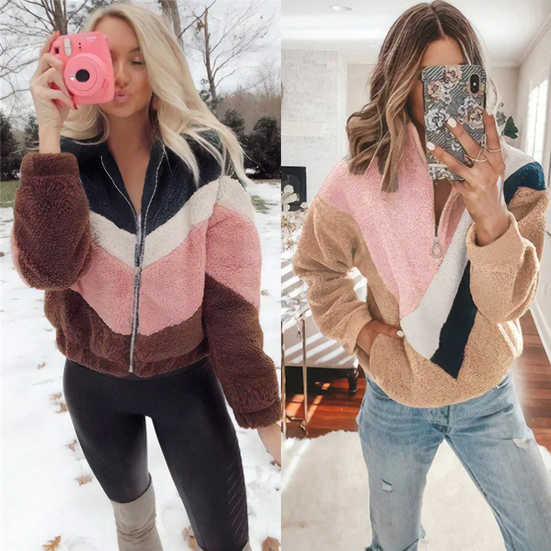 

Turn-down Collar Zipper Fleece Hoodies Sweatshirt Women Fashion Patchwork Hoody Tops Autumn Winter Outwear Coat Sudadera Mujer