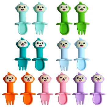 

2Pcs Detachable Baby Spoon Fork Set Cartoon Monkey Silicone Teether Toys Utensil 094F