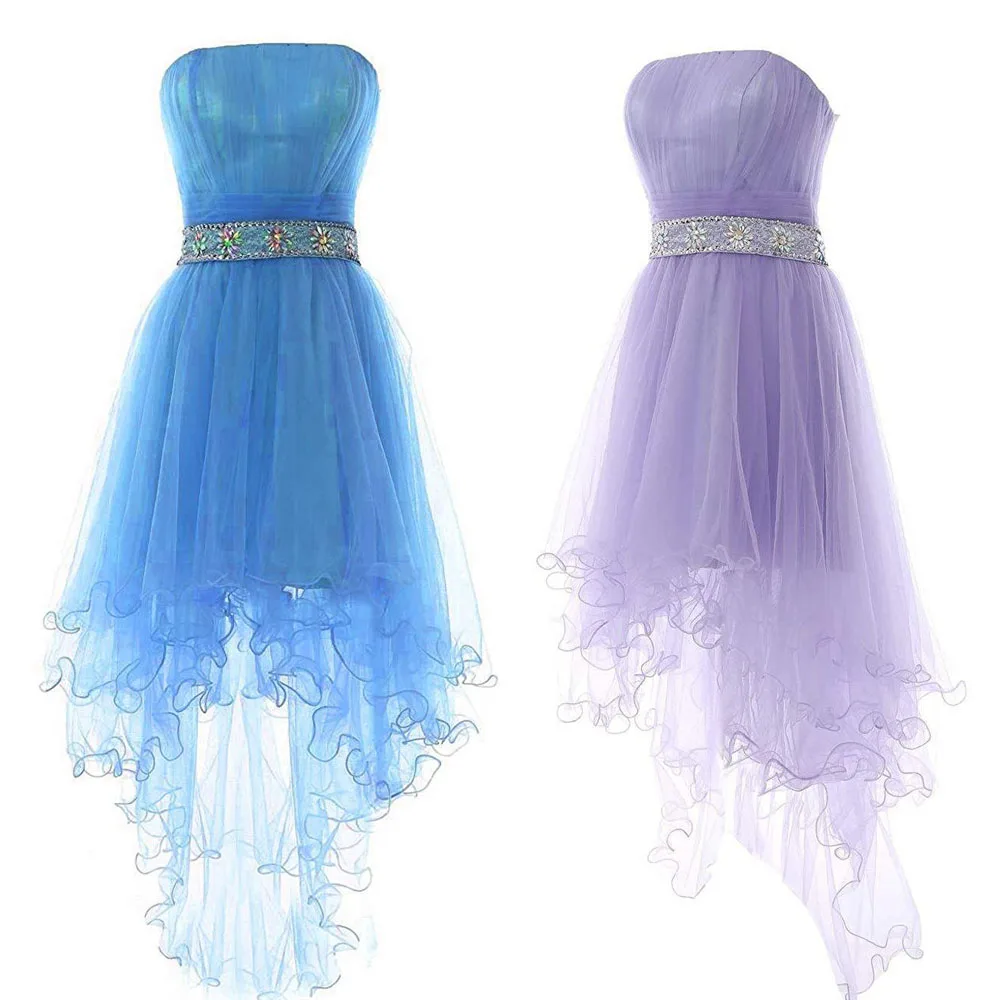 

Strapless Ruched Tulle Homecoming Dresses Hi-Lo Light Purple Evening Gowns Beaded Waist Women Party Robes