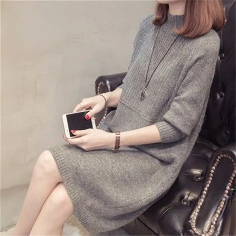 Baratos Vestido de Jersey de cuello alto 2019 para mujer moda Otoño e Invierno Jersey de punto suéter vestido de mujer de manga larga