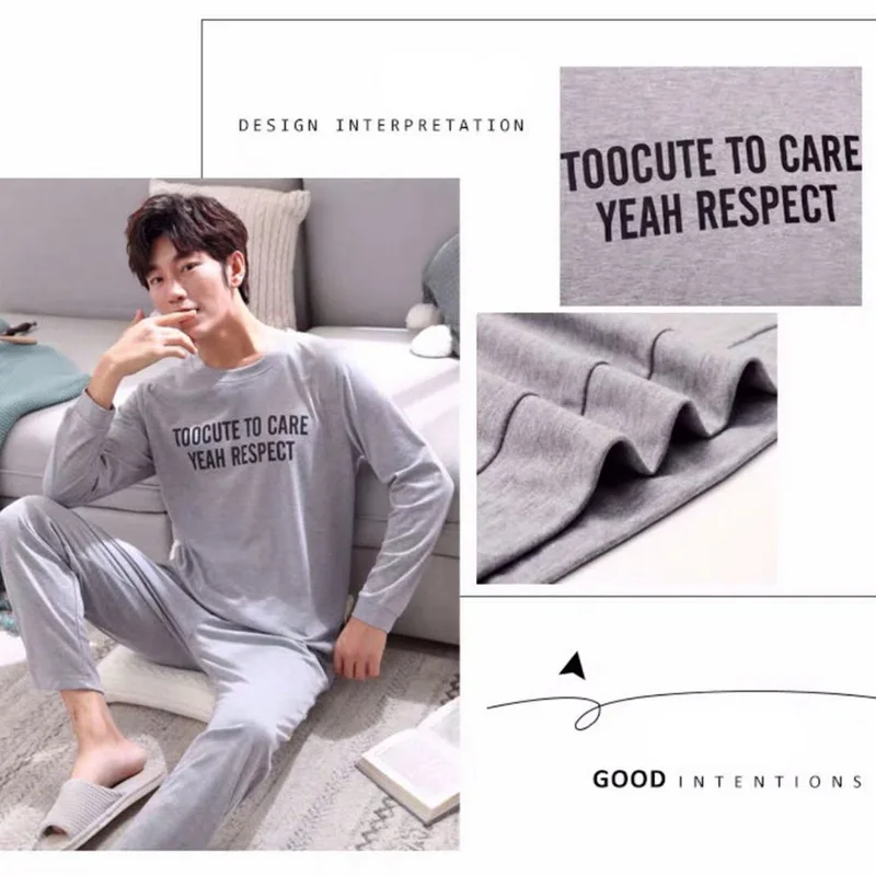 PUIMENTIUA Men Cotton Pajamas Sets Letter Striped Sleepwear Cartoon Pajama Sets Casual Sleep&Lounge Pyjamas Plus Size 2XL Pijama
