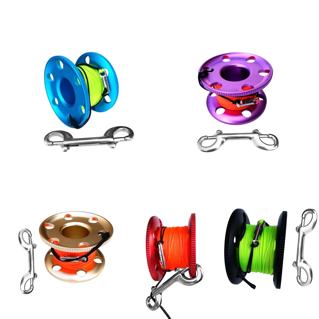 

Aluminum Alloy Scuba Diving Compact Finger Reel Guide Line Spool Double End Bolt Snap Clip Water Sport 20m/50m Line