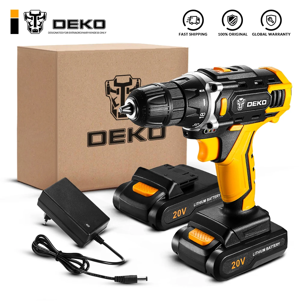 DEKO New Sharker 20V Cordless Drill Mini Wireless Power Driver Screwdriver DC Lithium-Ion Battery Easy to Use Home DIY