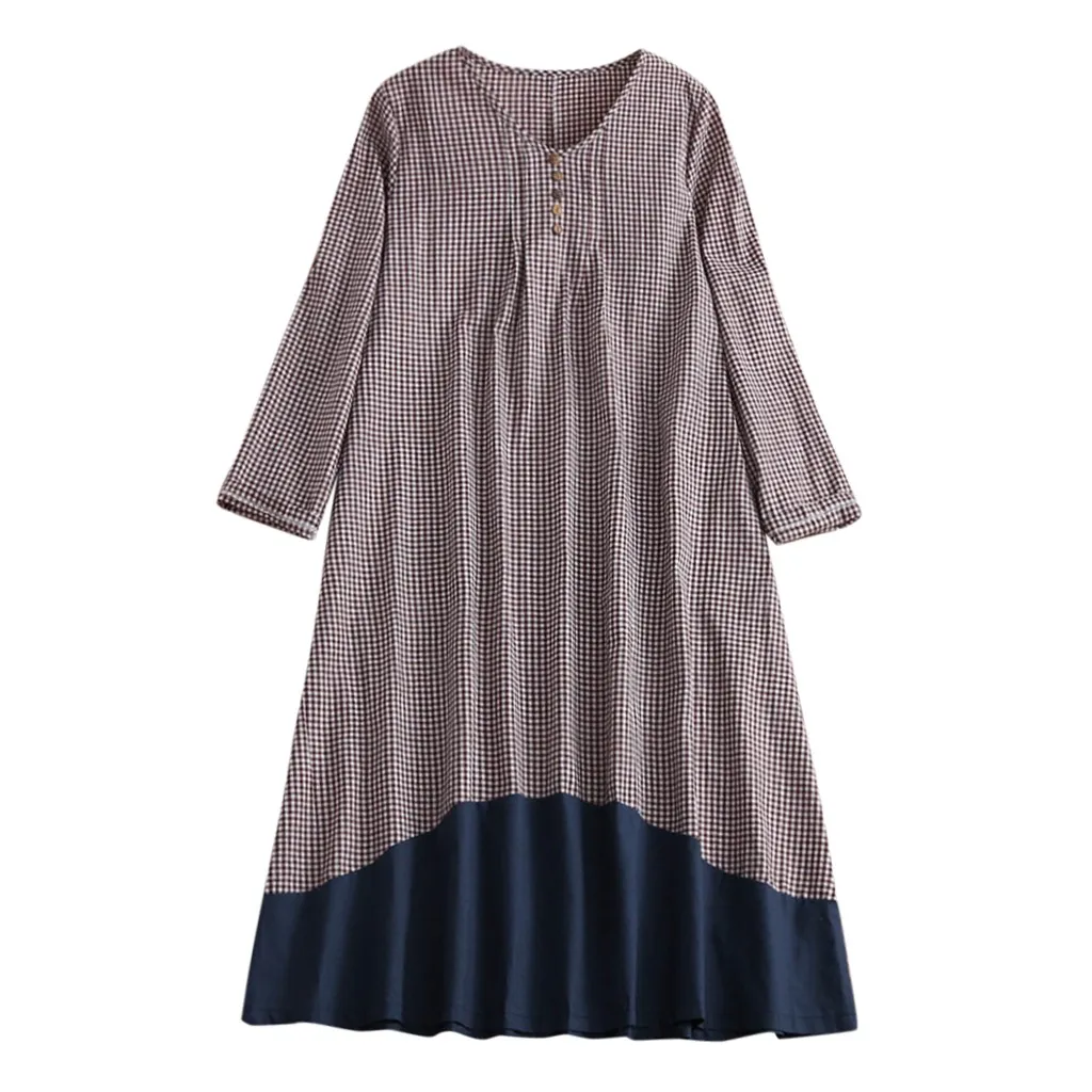 

Women Plus Size Dress Long Sleeve Vintage Plaid Printed Dresses Patchwork Pockets Plus Size Loose Dresses Woman Sukienki Damskie