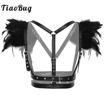 

TiaoBug Women Vintage Black Feather Shrug Shawl Shoulder Wrap Cape Harness Belt Club Party Punk Gothic Crop Tops Rave Costume