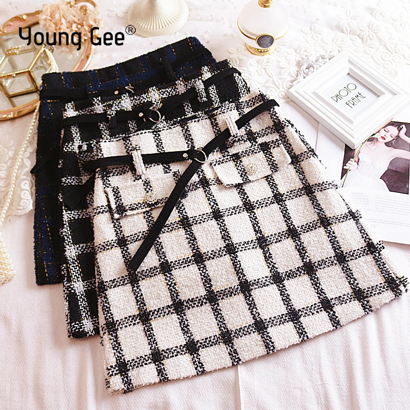 

YoungGee Vintage Autumn Crystal Button Fringe Tweed Plaid Mini Skirt Women 2019 Fashion A Line Back Zipper Ladies Casual Skirts