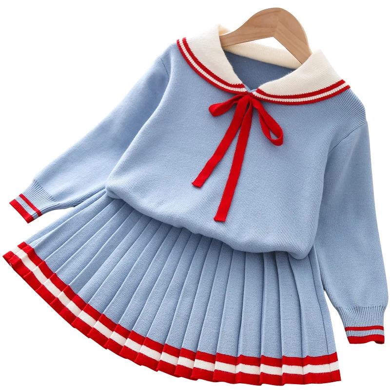 

Girls Skirt Set 2019 Fall Winter Girls' School Wind Navy Collar Knit Sweater + Pleated Skirt Two-Piece Set