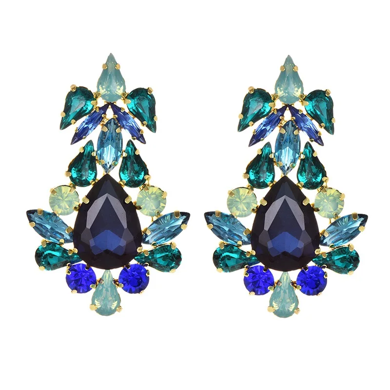Handmade blue Big Crystal Flower Earring Vintage Ethnic Bohemian Rhinestone Long Tassel Drop Dangle Earrings for Women Jewelry