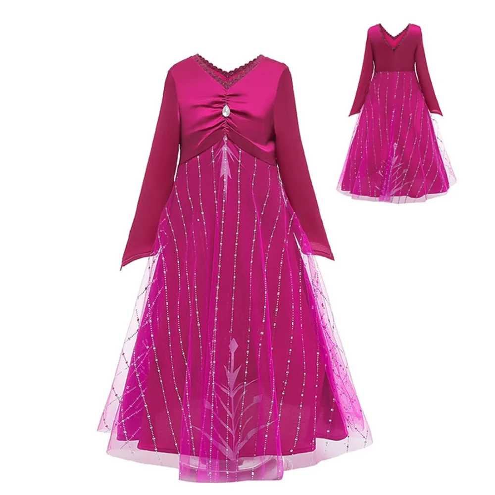 Новая модель: 2 платья Эльзы и принцессы, детские платья с длинными рукавами цельнокроеное рождественское вечернее платье для девочек вечерние костюмы для косплея Сетчатое платье для девочек