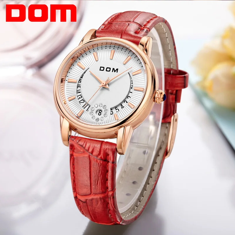 

DOM Fashion Ladies Casual Watches Luxury Brand Leather Strap clock hours Women Quartz-Watch Flowers Female Wristwatch