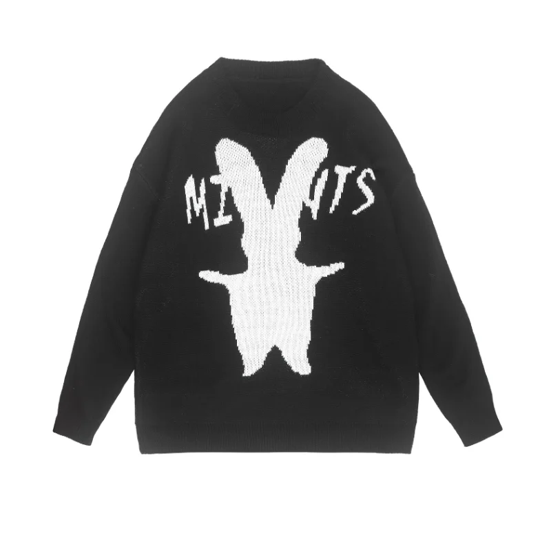Preppy Style Dark Rabbit Jacquard Oversize Men Black Knitted Sweater Hip Hop Women Pullover Lounge Wear Gothic Clothes Sudaderas | Мужская