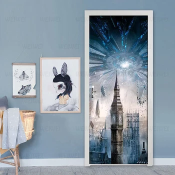 

Creative 3D City Building Door Sticker Poster For Living Room Bedroom DIY PVC Self Adhesive Waterproof Wallpaper 3D Mural Decals