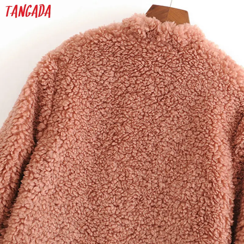 Tangada женское розовое длинное плюшевое пальто теплое толстое зимнее женское шикарное пальто с карманами винтажная верхняя одежда 3H131
