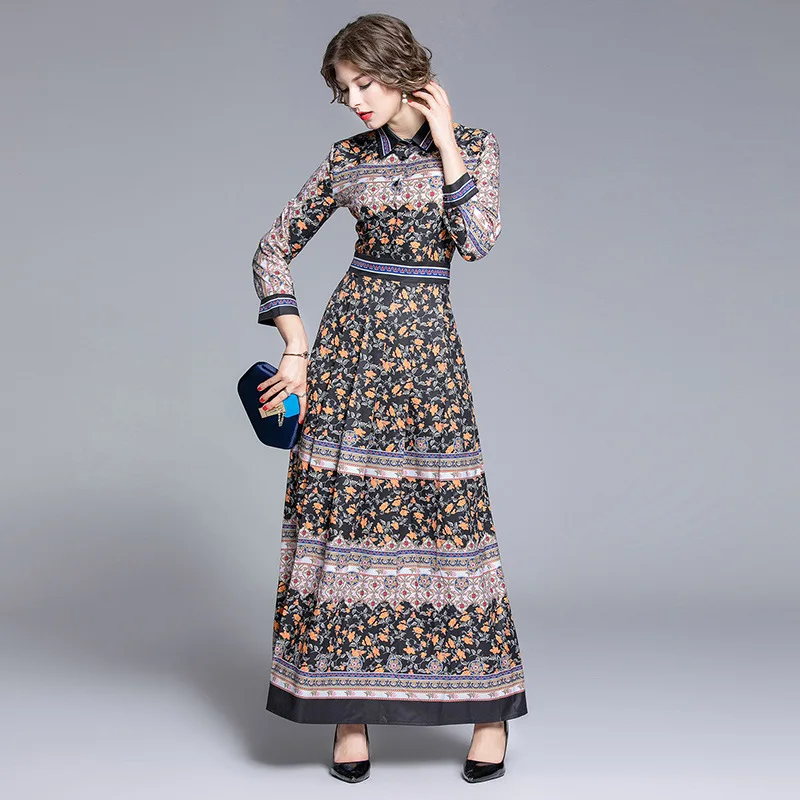 

2020 Spring&Summer New Dress Women One-Button Vintage Printed Gothic Casual Style Ankle-Lengh Sexy Long Dress Free Shipping