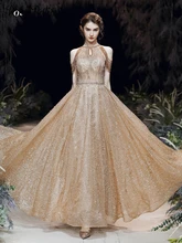 

Gold Glitter Celebrity Dresses Long 2020 Sexy Half A-line Floor-length Handmade Beading Lace Evening Gown With Pearl